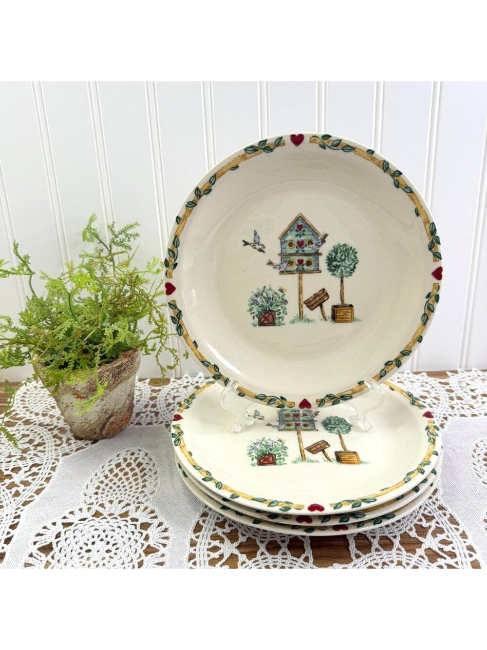 Thomson Pottery Country Garden Salad Plates Set Of 4 Birdhouse Design 7.5"